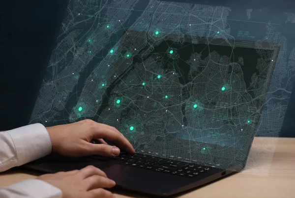 Digitale Visualisierung von großen Daten auf New York Karte Hintergrund, futuristische Technologie und Netzwerk-Verbindung, große intelligente Stadt virtuelle Datenbank, Geschäftsmann arbeitet mit Laptop-Computer und Navigation