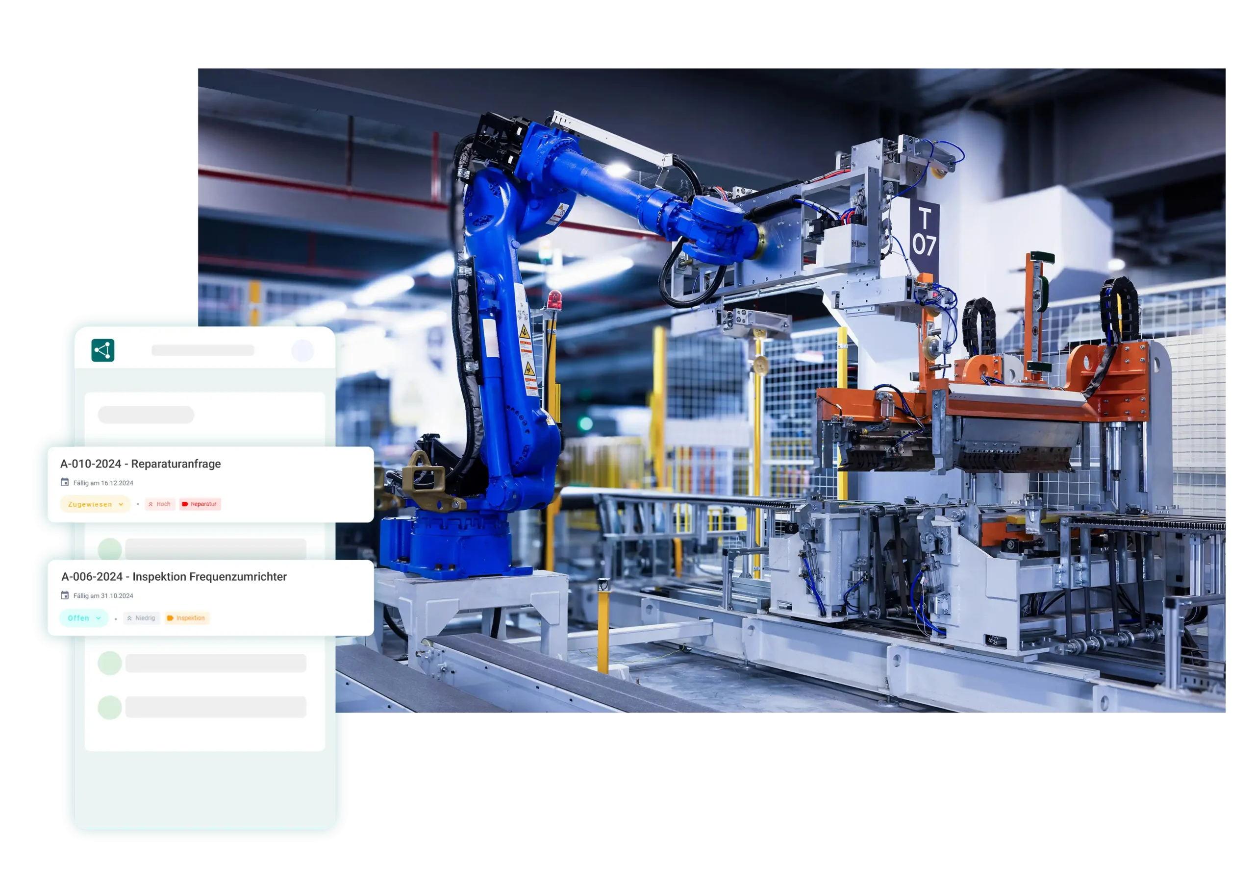 Automatisierte Produktionsstraße mit Industrieroboter, digitale Reparaturanfrage und Inspektionsmanagement in der Steuerungs- und Automatisierungstechnik