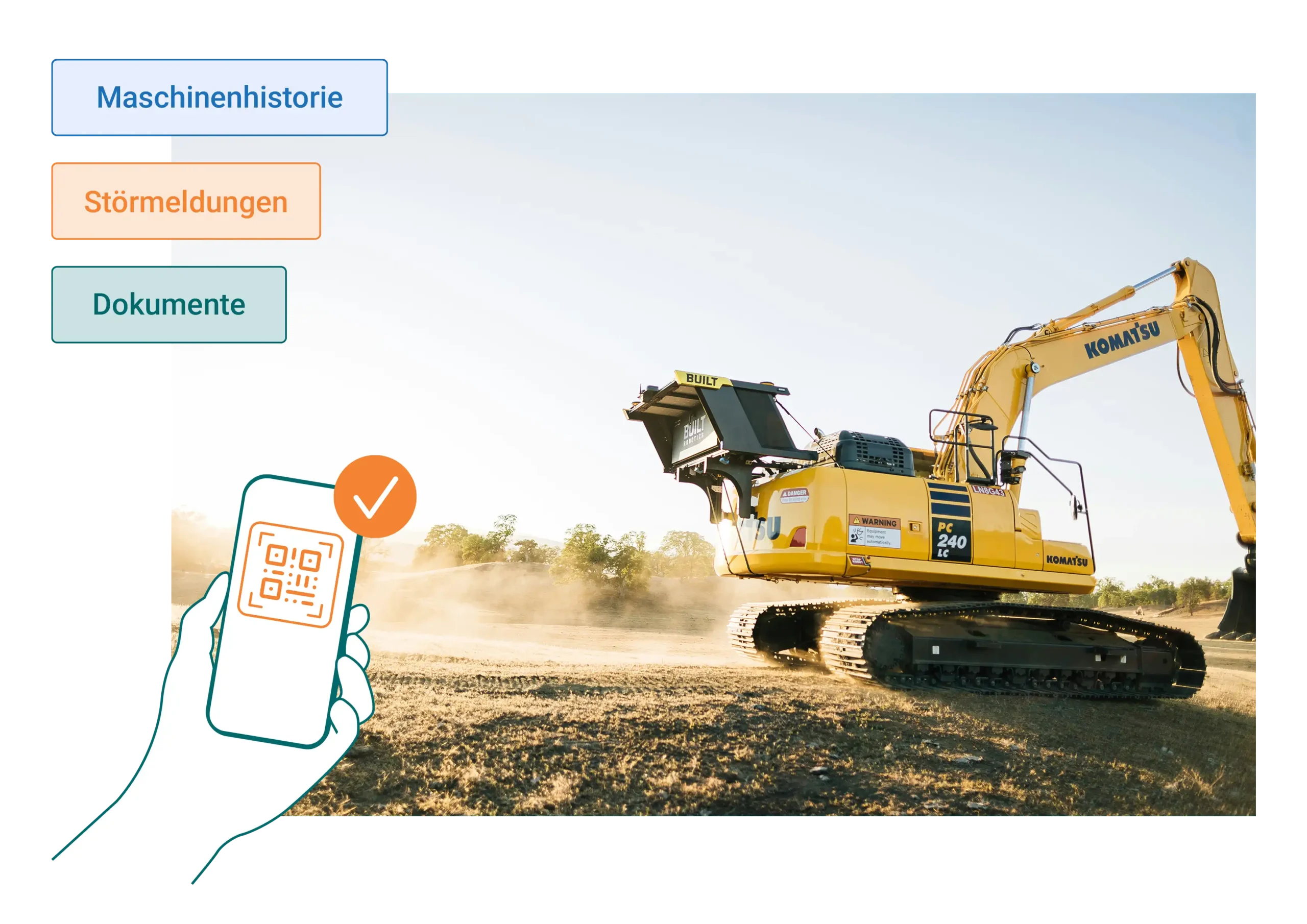 Kettenbagger auf Baustelle, digitale Maschinenhistorie und Störmeldungen per QR-Code in der Baumaschinenbranche
