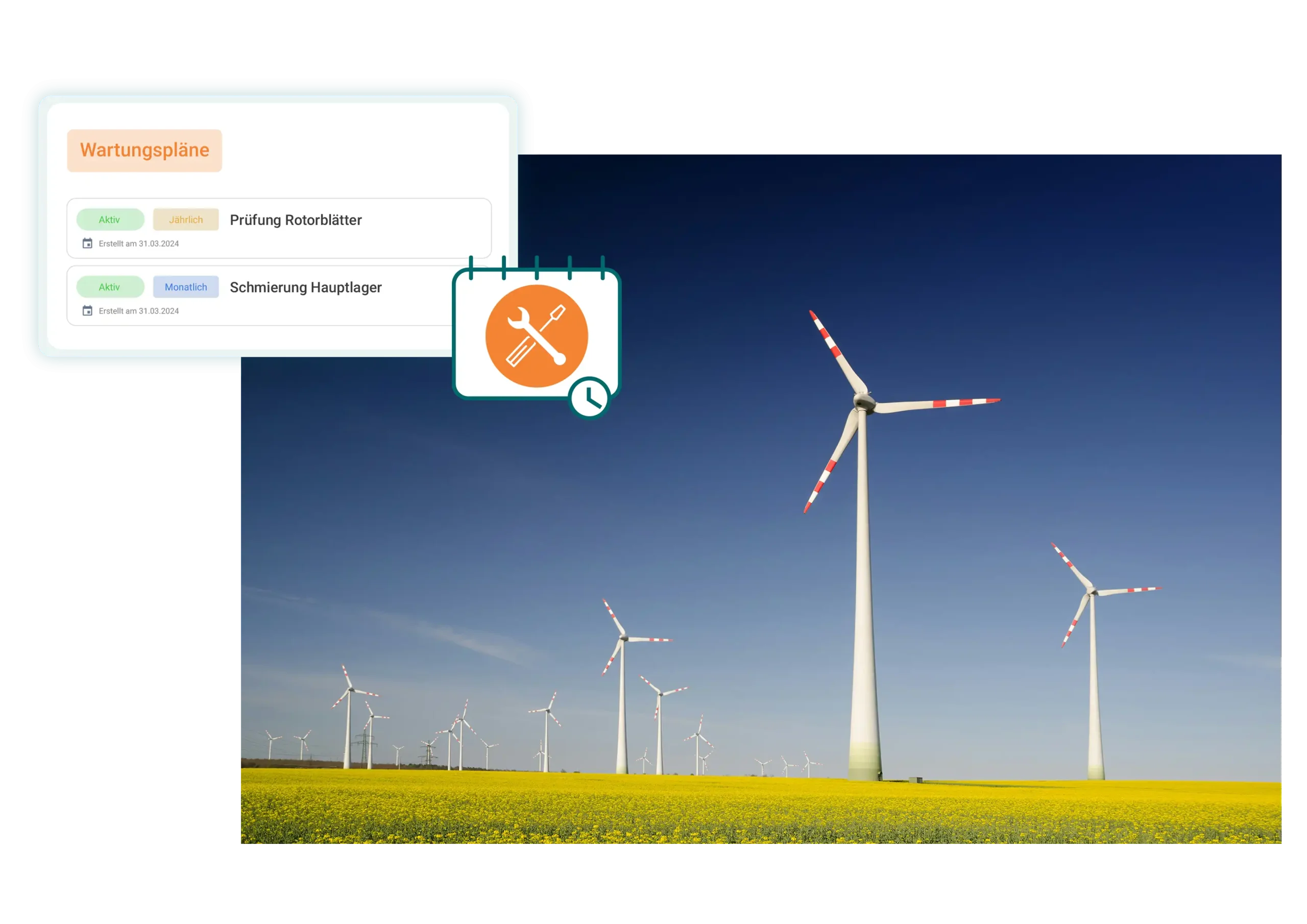 Windkraftanlagen auf einem Feld mit digitalen Wartungsplänen für Rotorblätter und Hauptlager in der Energiewirtschaft