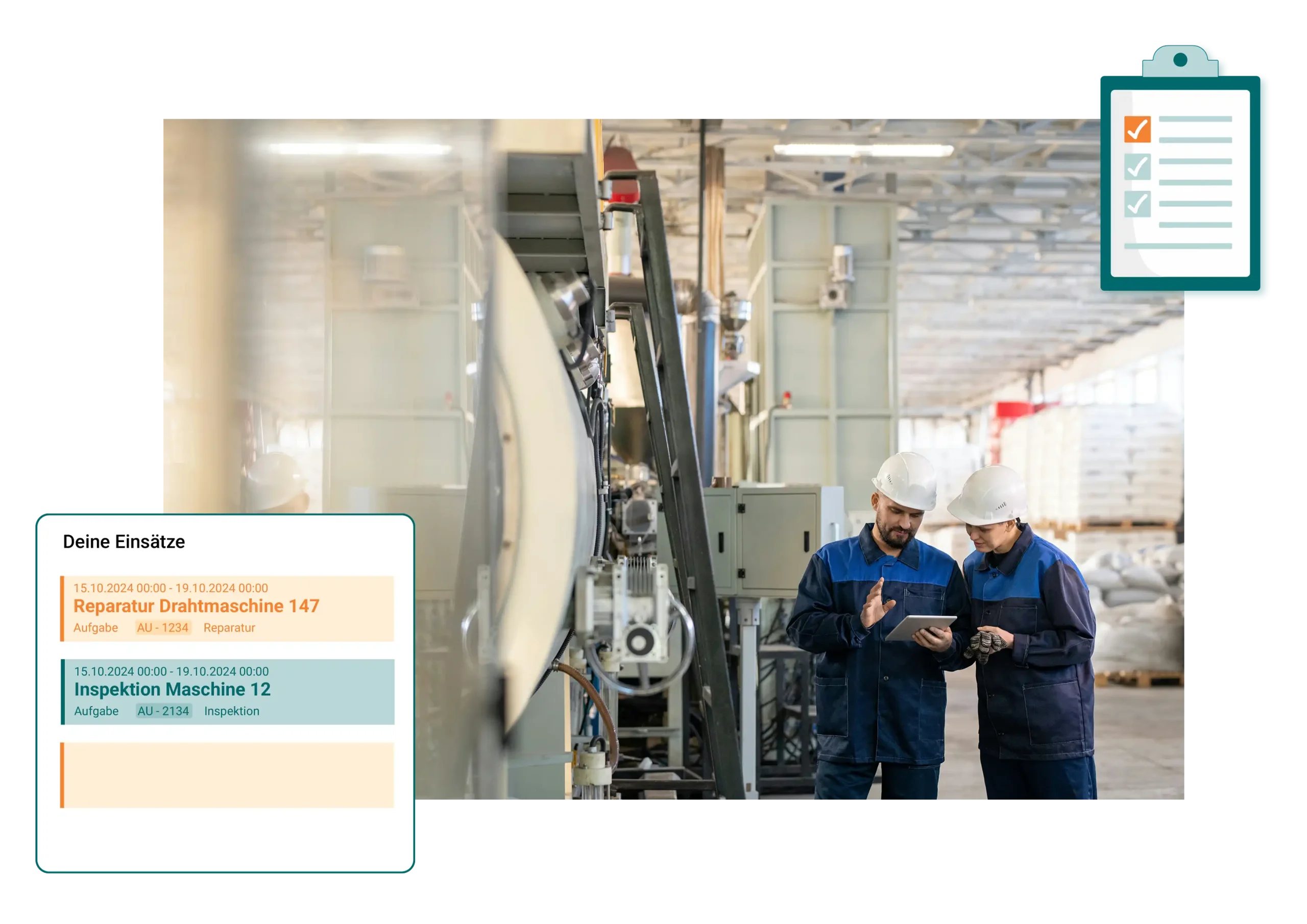 Zwei Techniker bei der Maschineninspektion und Reparatur in einer Produktionshalle, Einsatzplanung im industriellen Umfeld