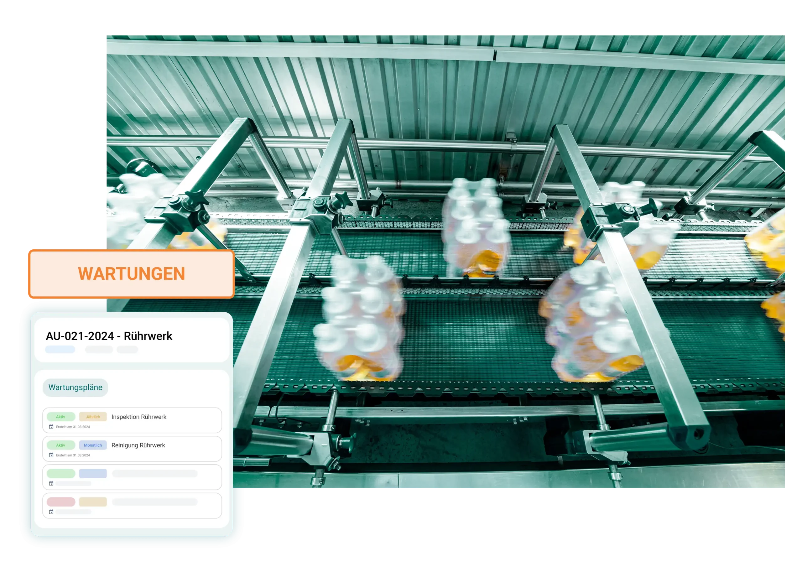 Förderband mit Flaschen, digitale Wartungspläne und Inspektionsmanagement für die Lebensmittel-und Getränkeproduktion