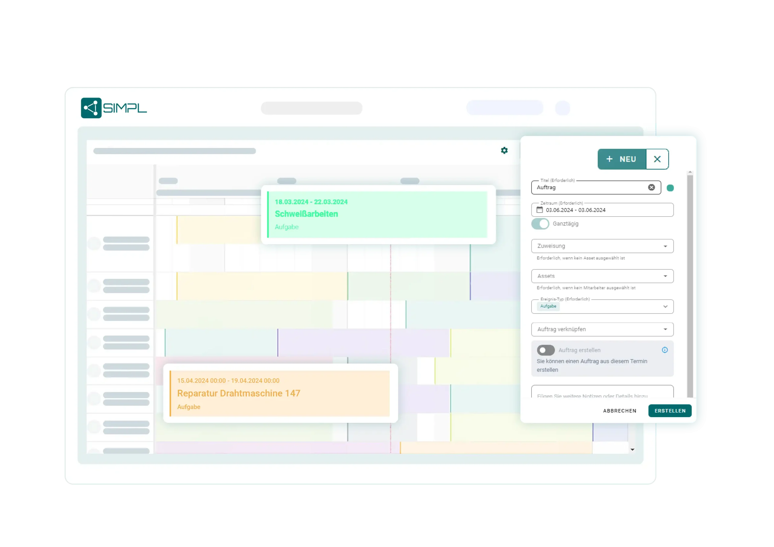 Plantafel für die Organisation von Ressourcen, Mitarbeitern und Einsätzen