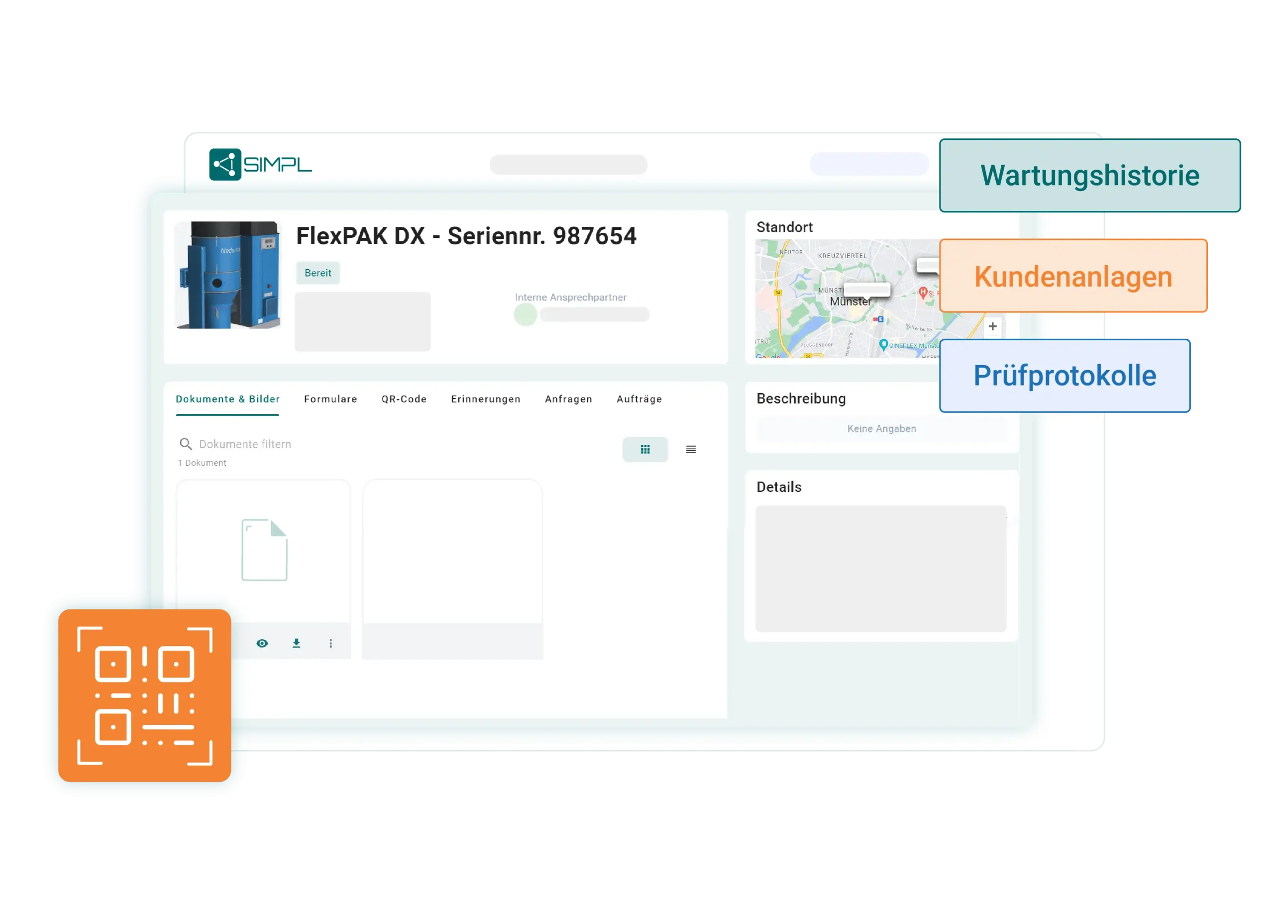 Maschinendetails für den Service mit Wartungshistorie, Kundenanlagen und Prüfprotokollen