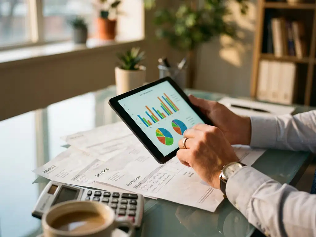 Professionelle Hände halten Tablet mit bunten Preisdiagrammen über Schreibtisch mit Rechnungen und Taschenrechner