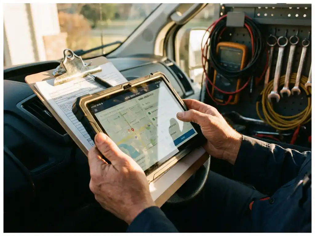 Servicetechniker hält Tablet mit Arbeitsauftrag im Servicefahrzeug, Werkzeuge und Papierformulare im Hintergrund