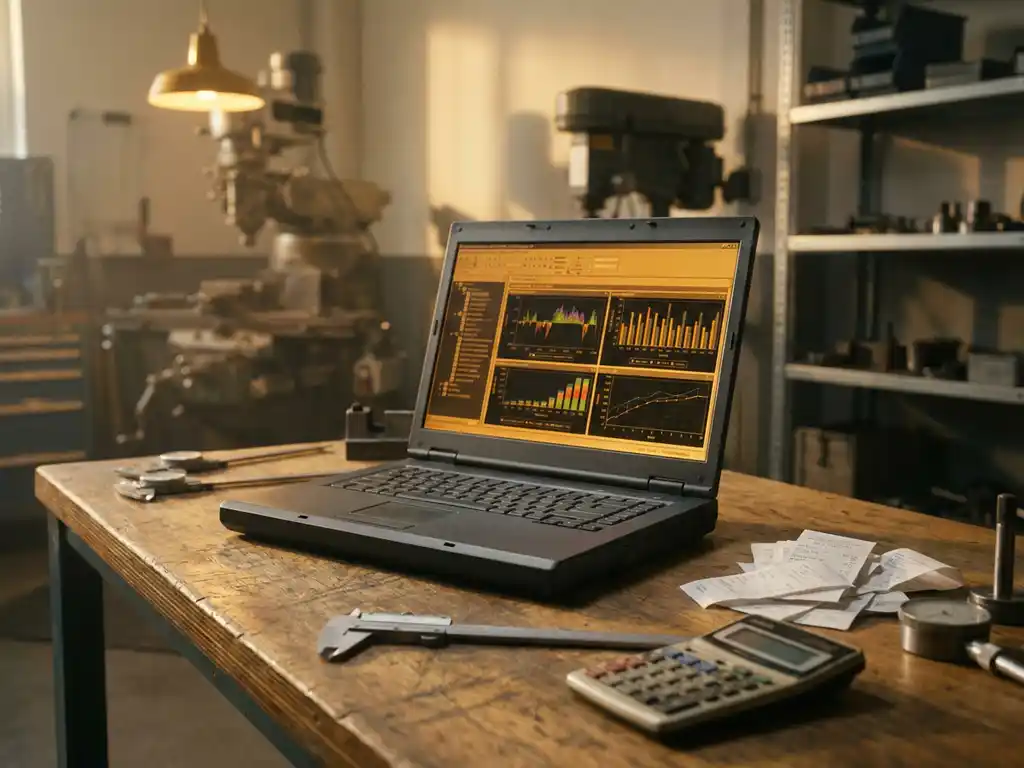 Laptop mit Datenanalyse-Dashboards auf Werkbank neben Messwerkzeugen, Schieblehre und Taschenrechner in Werkstatt