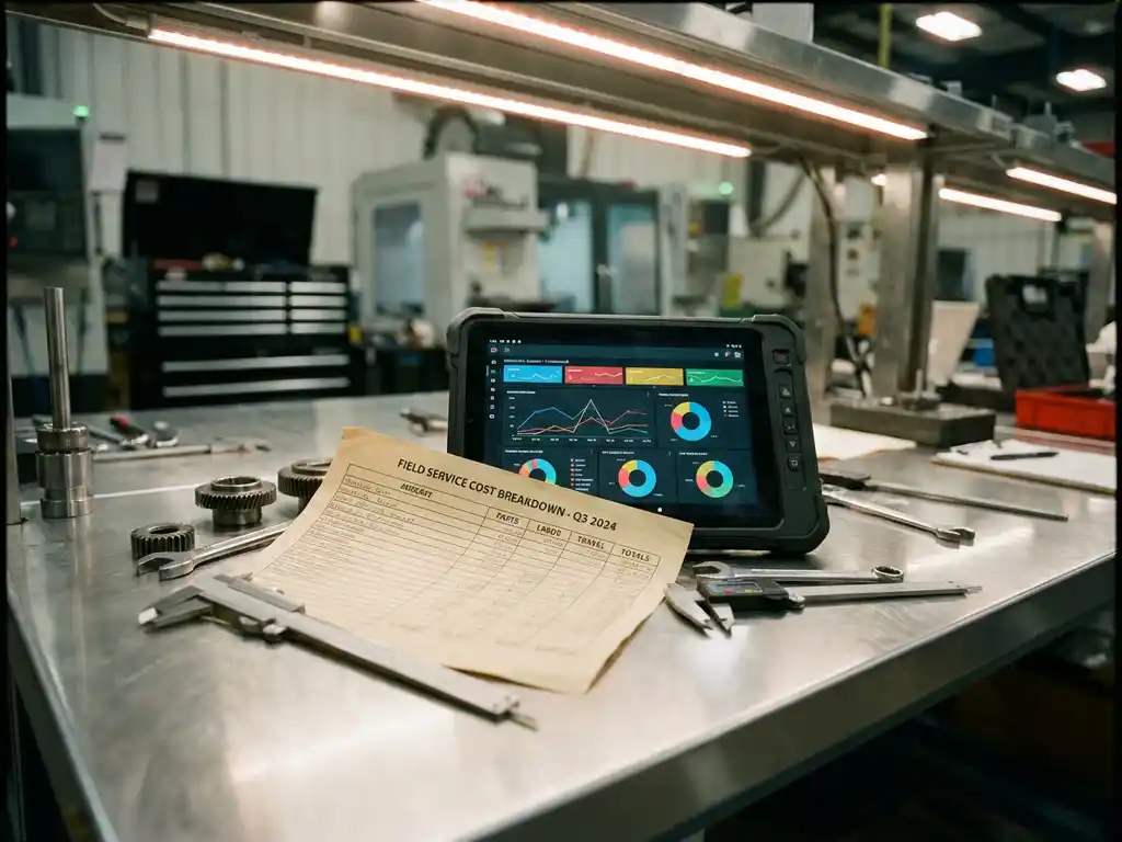 Kostenaufstellung auf Werkbank mit Techniker-Tablet, Präzisionswerkzeugen und Maschinenteilen in Industriewerkstatt