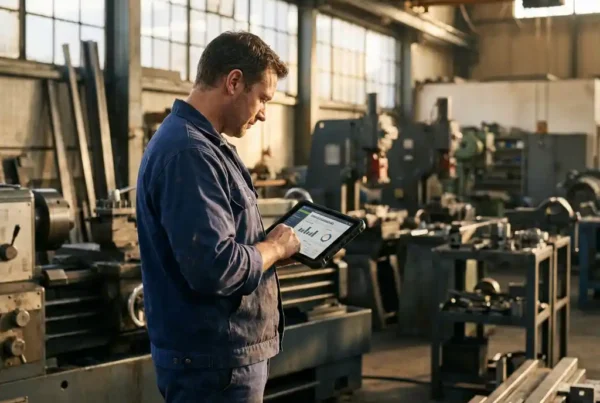 Servicetechniker mit Tablet und Dashboard in industrieller Werkstatt mit Maschinen und natürlichem Licht