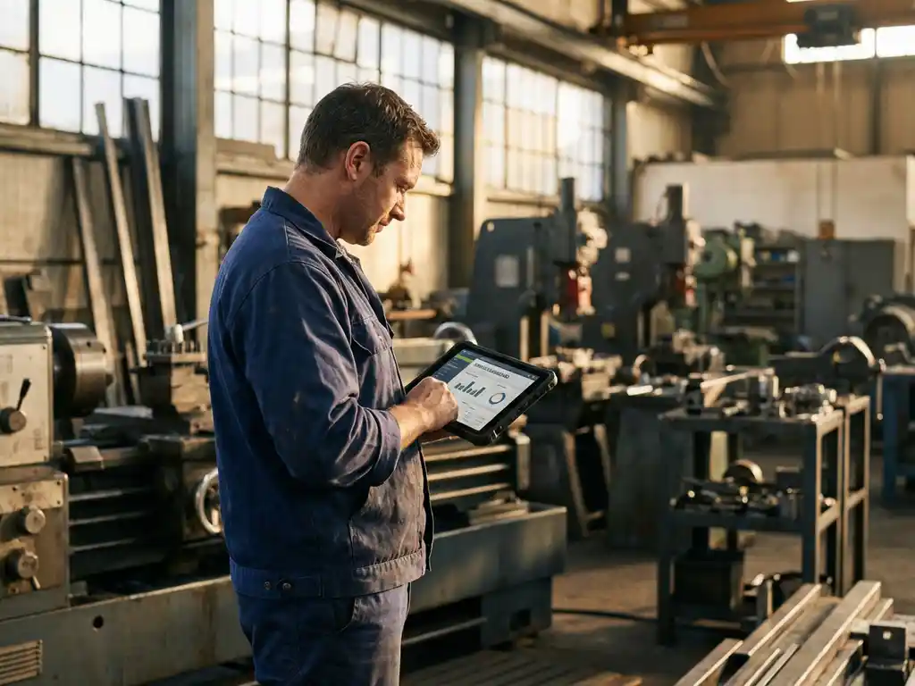 Servicetechniker mit Tablet und Dashboard in industrieller Werkstatt mit Maschinen und natürlichem Licht