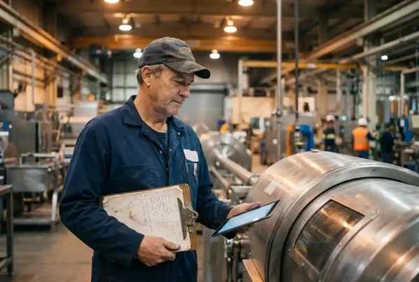 Servicetechniker mit Klemmbrett und Tablet vor Industriemaschine in Produktionshalle