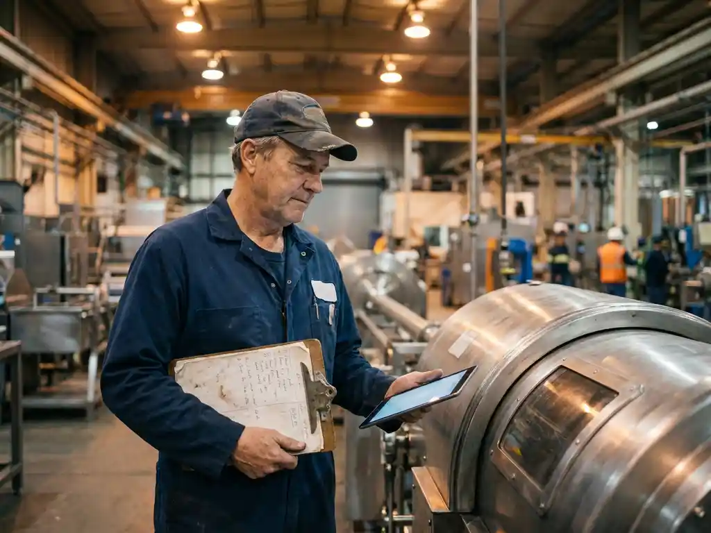 Servicetechniker mit Klemmbrett und Tablet vor Industriemaschine in Produktionshalle