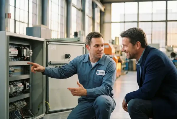 Servicetechniker erklärt Werksleiter technische Details an geöffneter Industriemaschine in moderner Fabrikhalle