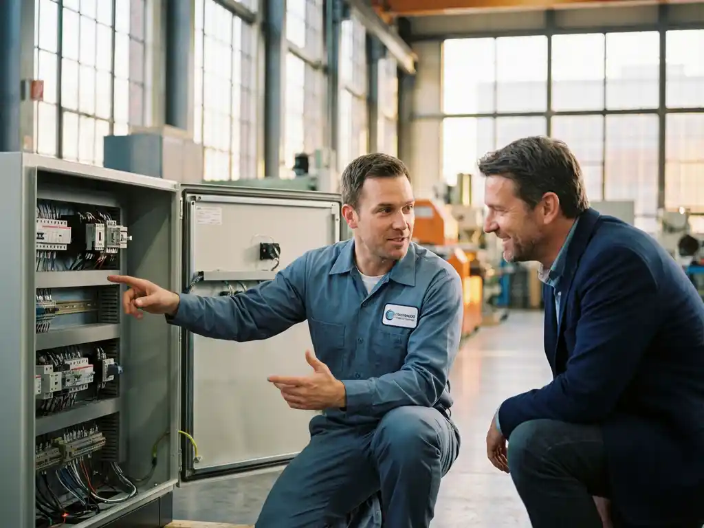 Servicetechniker erklärt Werksleiter technische Details an geöffneter Industriemaschine in moderner Fabrikhalle