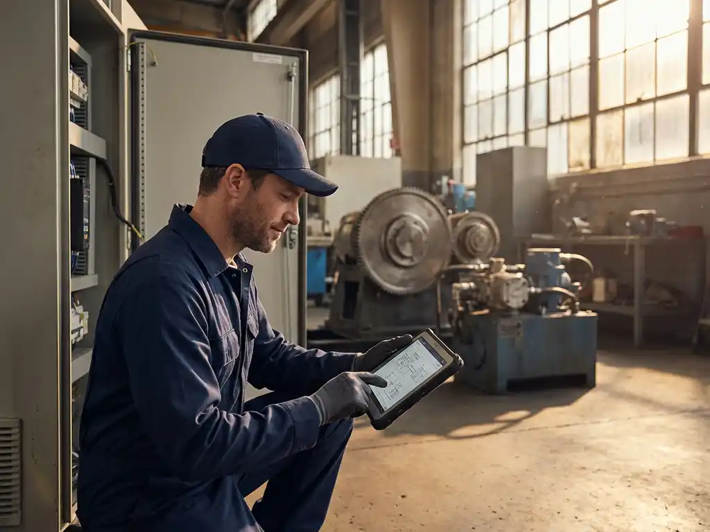 Servicetechniker prüft digitales Tablet neben geöffneter Industriemaschine in sonnendurchfluteter Fabrikhalle