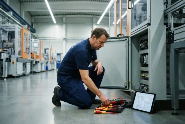 Servicetechniker in Marineblau kniet neben offener Maschinentafel, organisiert farbcodierte Werkzeuge auf Fabrikboden, Tablet zeigt Schaltpläne