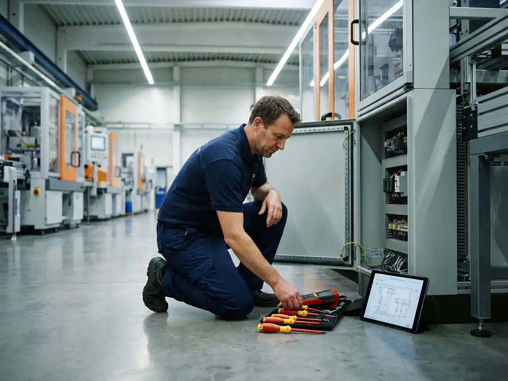 Servicetechniker in Marineblau kniet neben offener Maschinentafel, organisiert farbcodierte Werkzeuge auf Fabrikboden, Tablet zeigt Schaltpläne