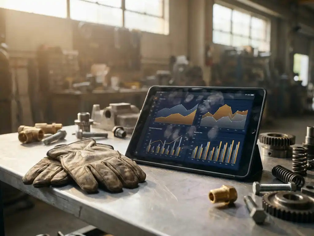 Servicetechniker-Handschuhe neben Tablet mit Datenvisualisierungen auf Werkbank, umgeben von Metallkomponenten und Messingfittings