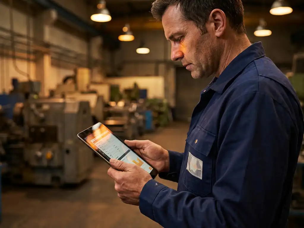 Servicetechniker in Arbeitskleidung mit Tablet zeigt digitale Berichtsdaten in Produktionshalle mit Industrieanlagen