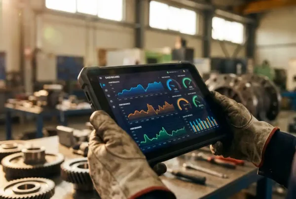 Servicetechniker hält Tablet mit Leistungsgrafiken und Echtzeit-Metriken in industrieller Werkstatt