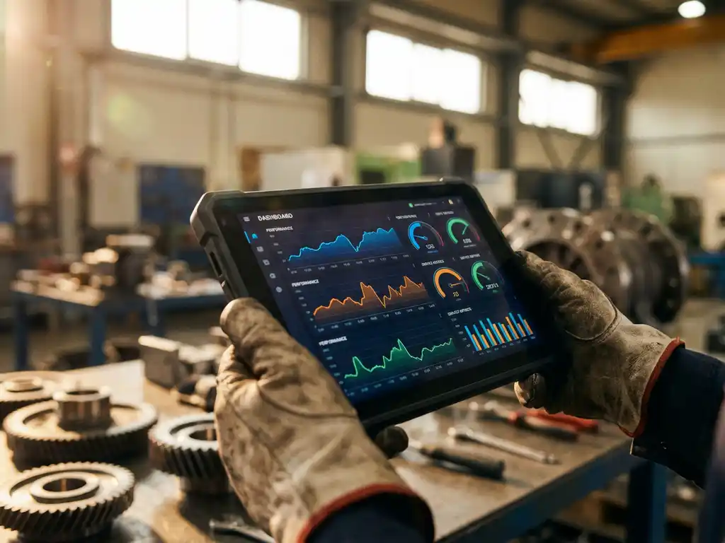 Servicetechniker hält Tablet mit Leistungsgrafiken und Echtzeit-Metriken in industrieller Werkstatt
