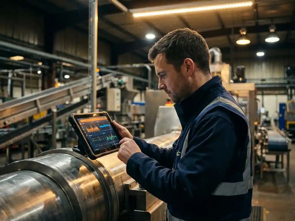 Servicetechniker in Arbeitskleidung prüft Daten auf Tablet an Industriemaschine in moderner Fabrikhalle