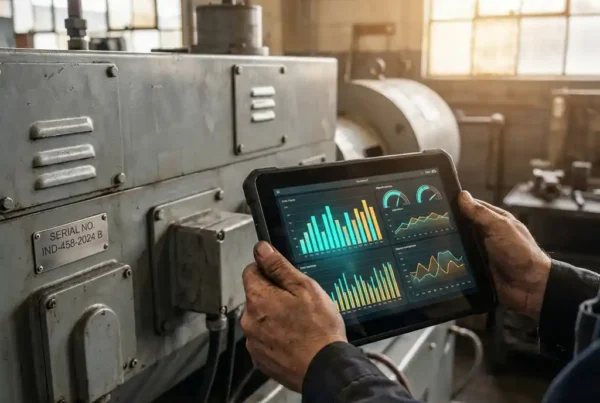 Servicetechniker hält Tablet mit Datenvisualisierungen vor Industriemaschine in Werkstatt mit natürlichem Lichteinfall