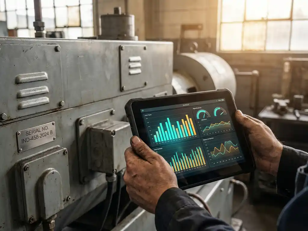 Servicetechniker hält Tablet mit Datenvisualisierungen vor Industriemaschine in Werkstatt mit natürlichem Lichteinfall