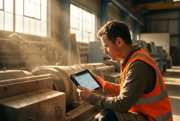 Servicetechniker in Warnweste kniet neben Industriemaschine und hält Tablet mit digitalem Wartungsbericht in sonnendurchfluteter Fabrikhalle