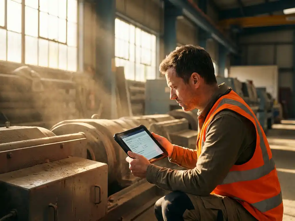 Servicetechniker in Warnweste kniet neben Industriemaschine und hält Tablet mit digitalem Wartungsbericht in sonnendurchfluteter Fabrikhalle