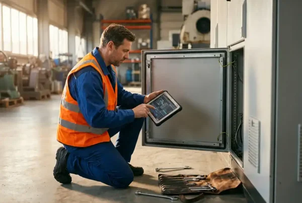 Servicetechniker mit Tablet analysiert Daten an offener Maschinenkonsole in moderner Industriehalle