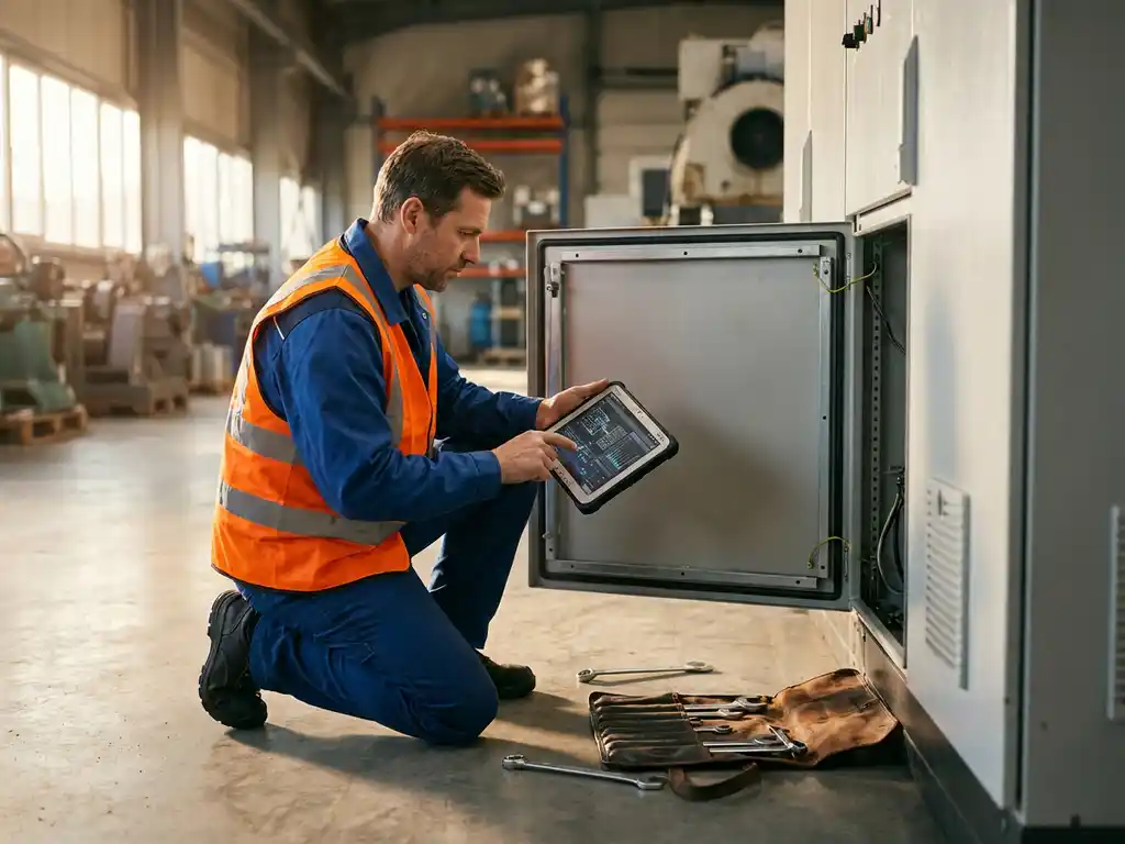 Servicetechniker mit Tablet analysiert Daten an offener Maschinenkonsole in moderner Industriehalle