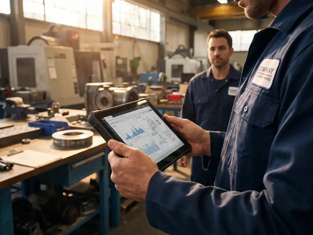 Servicetechniker mit Tablet zeigt Betriebsdaten in heller Industriewerkstatt mit Maschinen und Kollege im Hintergrund