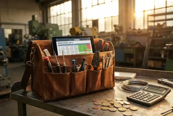 Lederwerkzeugtasche eines Servicetechnikers mit Tablet, Präzisionswerkzeugen und Taschenrechner auf Industriewerkbank