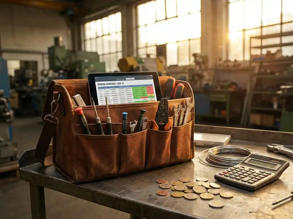 Lederwerkzeugtasche eines Servicetechnikers mit Tablet, Präzisionswerkzeugen und Taschenrechner auf Industriewerkbank