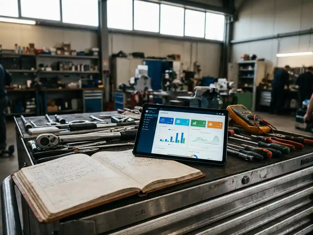 Aufgeschlagenes Logbuch und Tablet mit digitalem Service-Dashboard auf Werkbank mit Drehmomentschlüsseln und Multimetern