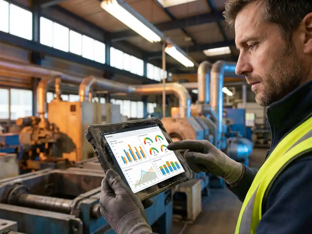 Servicetechniker analysiert Leistungsgrafiken auf Tablet in Industrieanlage mit Maschinen im Hintergrund