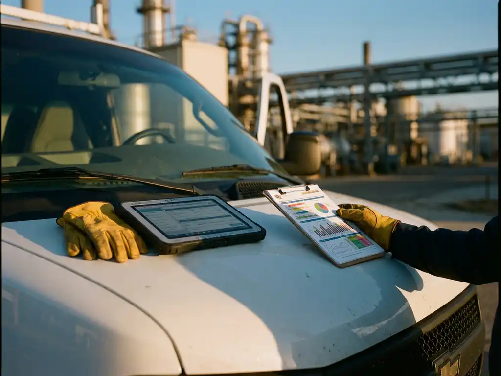 Servicetechniker hält farbigen Diagnosebericht auf weißer Transporterhaube mit Tablet und Handschuhen bei Industrieanlage