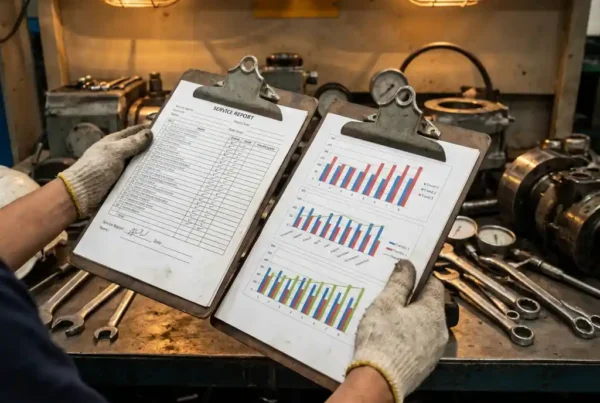 Hände eines Servicetechnikers halten zwei Klemmmappen mit Serviceberichten und Diagrammen auf einer Werkbank in einer Industrieanlage