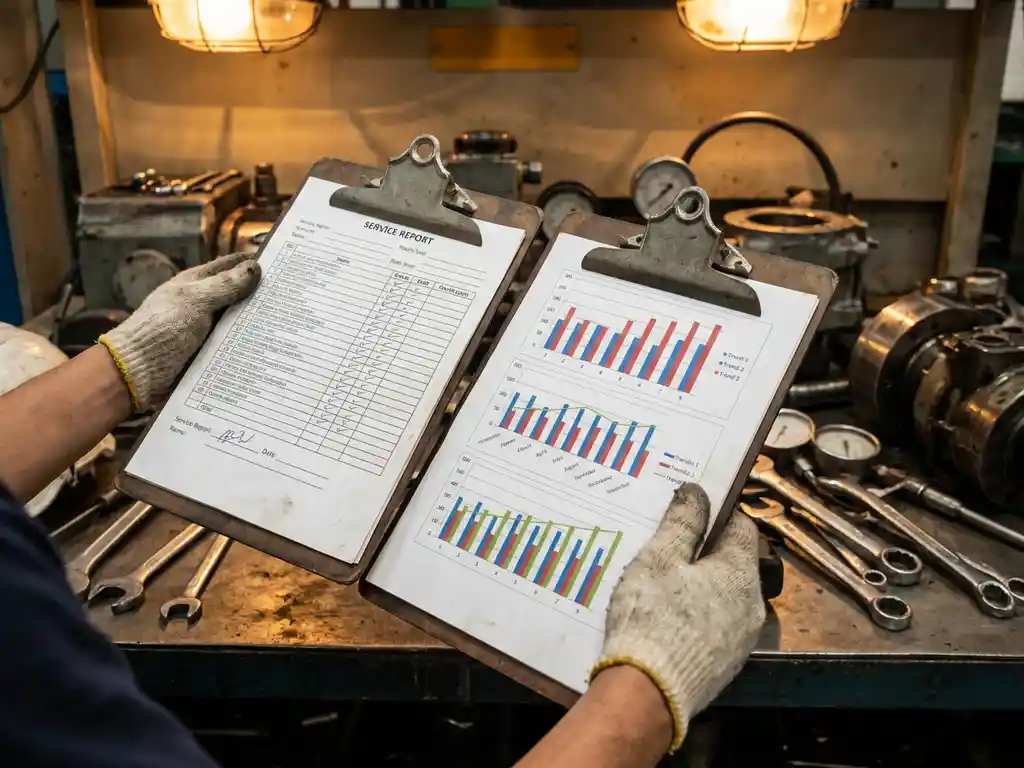 Hände eines Servicetechnikers halten zwei Klemmmappen mit Serviceberichten und Diagrammen auf einer Werkbank in einer Industrieanlage