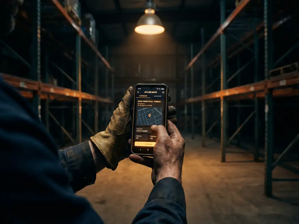 Außendiensttechniker hält Smartphone mit Service-Dashboard in abgelegenem Industrielager ohne Internetverbindung