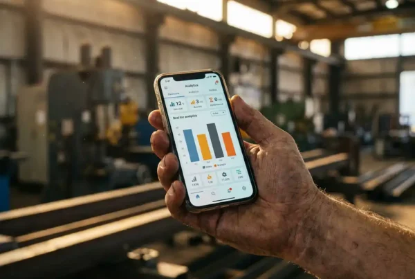 Servicetechniker hält Smartphone mit Echtzeit-Analyse-Dashboard vor unscharfem Fabrikhintergrund mit Industriemaschinen