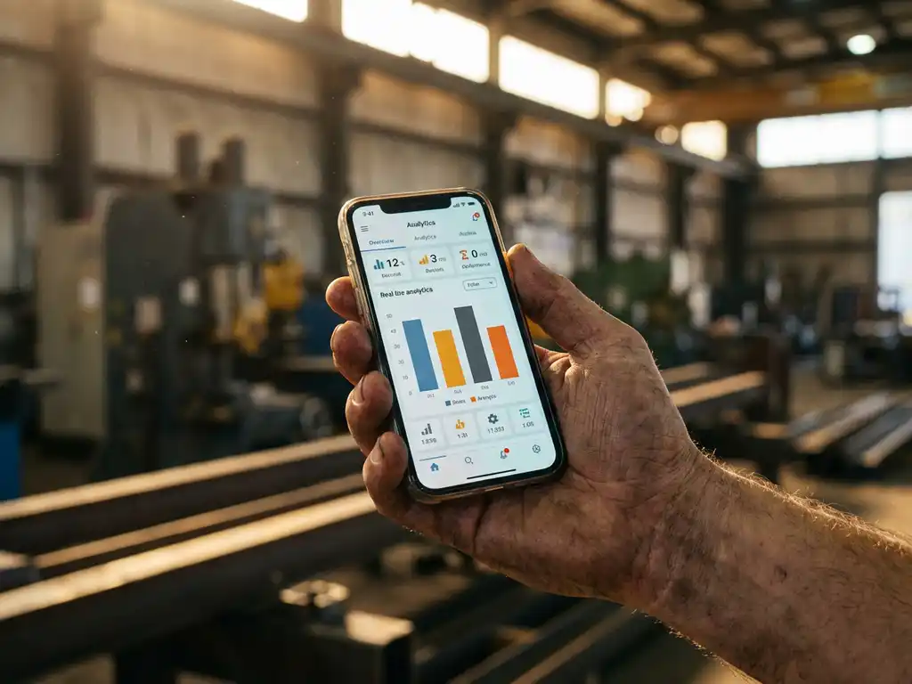 Servicetechniker hält Smartphone mit Echtzeit-Analyse-Dashboard vor unscharfem Fabrikhintergrund mit Industriemaschinen