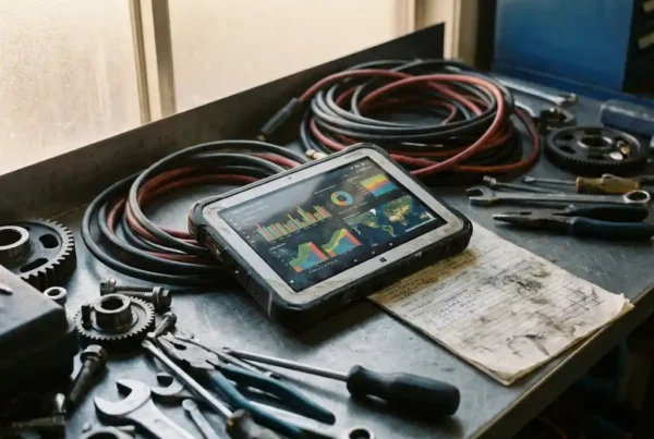 Tablet mit Analyse-Dashboards auf Werkbank umgeben von Industriewerkzeugen, Kabeln und Servicenotizen im Werkstattlicht