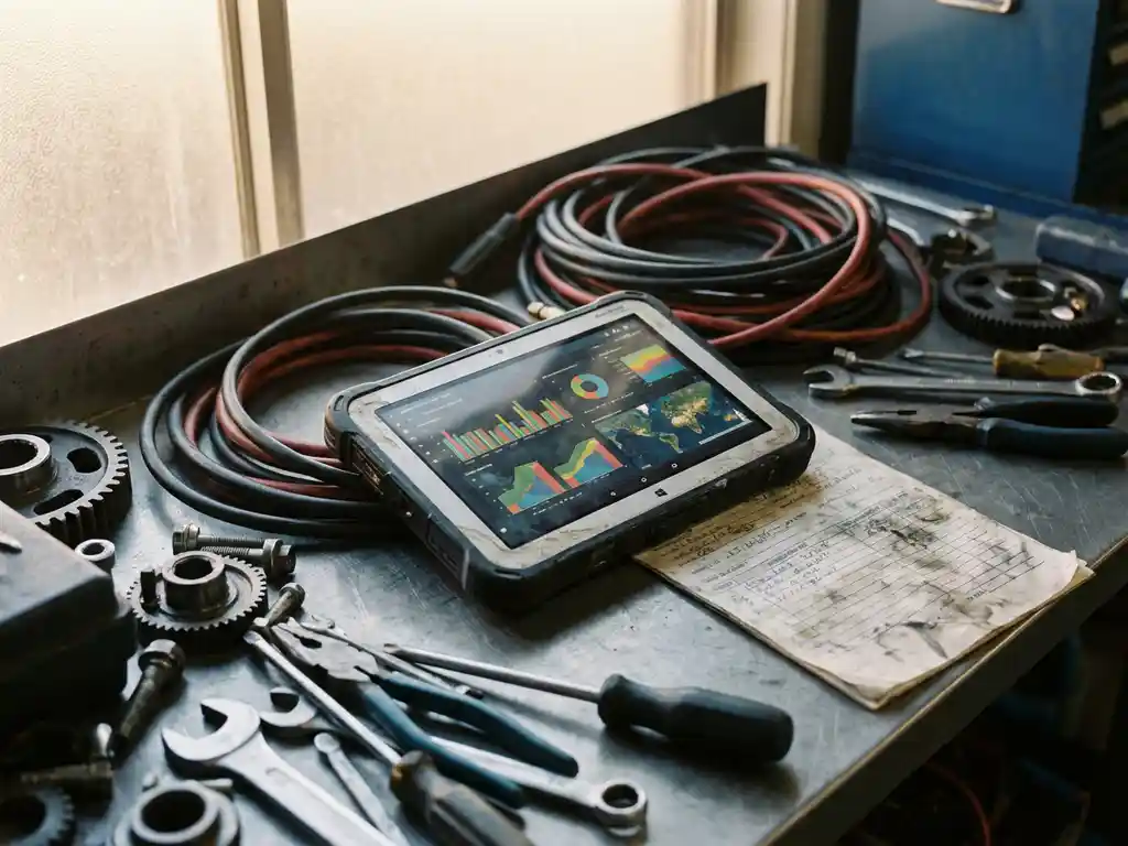 Tablet mit Analyse-Dashboards auf Werkbank umgeben von Industriewerkzeugen, Kabeln und Servicenotizen im Werkstattlicht