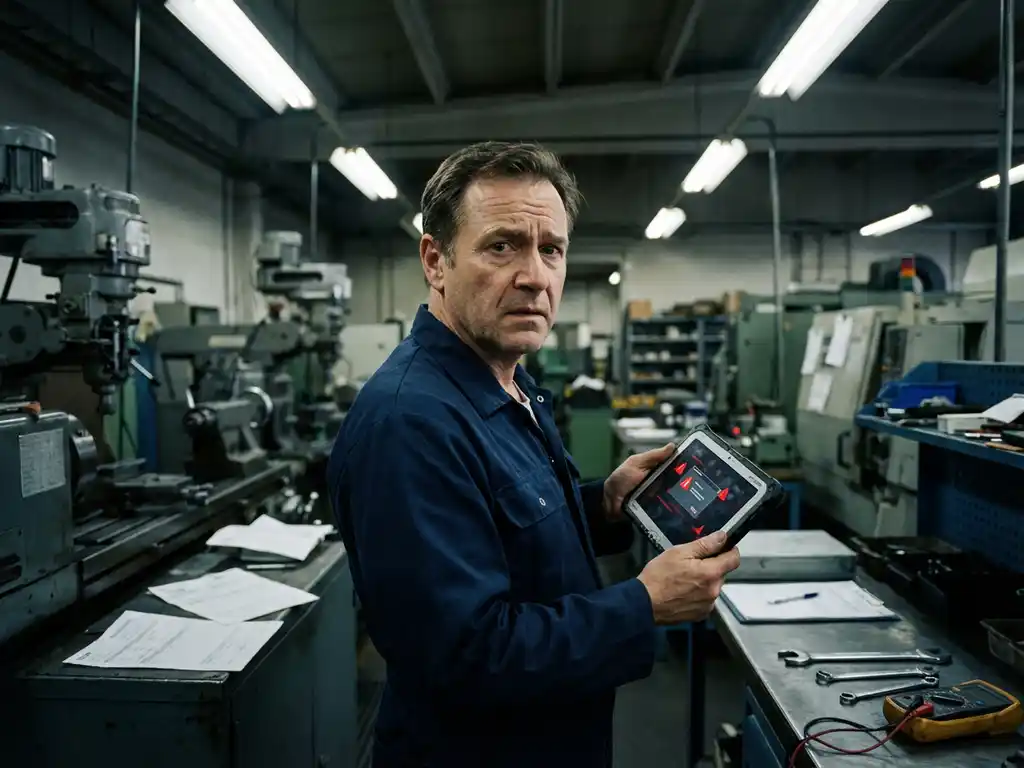 Servicetechniker mit defektem Tablet in Maschinenhalle, Papier-Arbeitsaufträge auf Werkbank, industrielle Beleuchtung