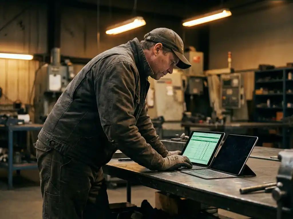 Servicetechniker vergleicht zwei silberne Tablets mit Datenformularen auf Werkbank in Industriewerkstatt