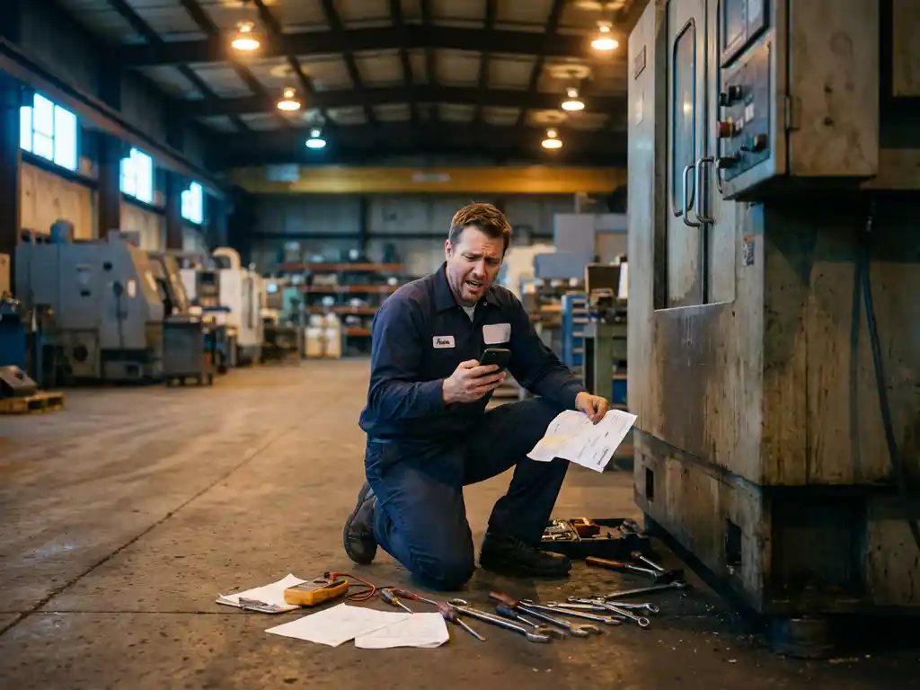 Servicetechniker kniet frustriert neben Industriemaschine in Fabrikhalle, umgeben von Werkzeugen und Arbeitsaufträgen