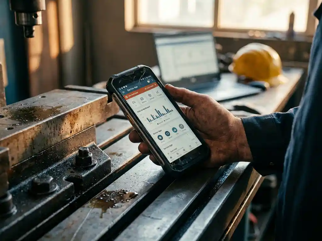 Servicetechniker hält robustes Smartphone mit Dashboard auf Industriemaschine, Laptop und Schutzhelm im Hintergrund