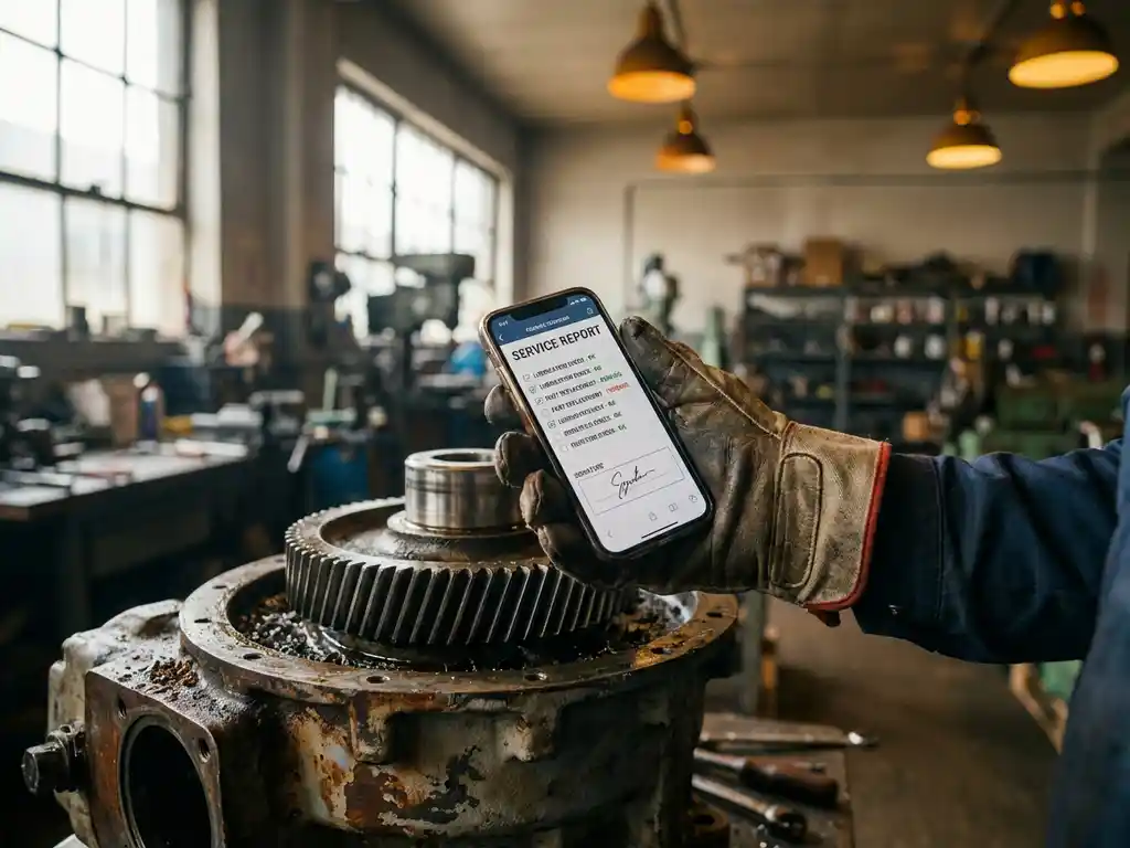 Servicetechniker hält Smartphone mit digitalem Wartungsbericht über Industriemaschine in Werkstatt
